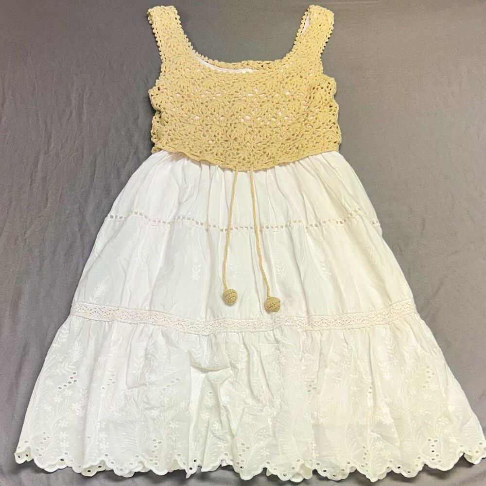 Anthropologie Crochet Flare Maxi Dress Sleeveless XS White Beige